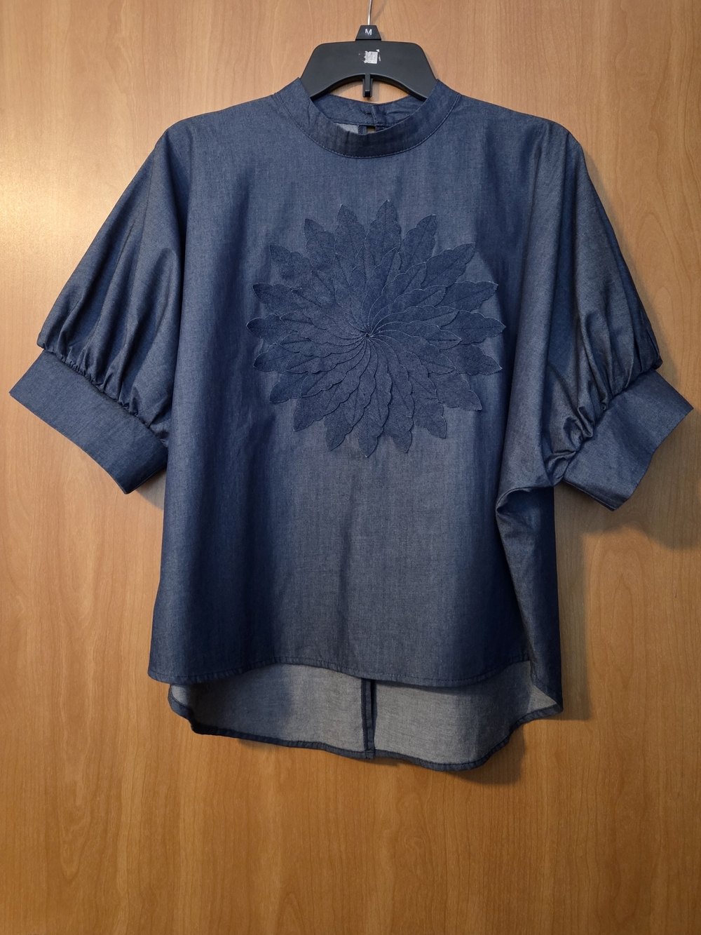 CQ by CQ Denim-Effect Embroidered Puff-Sleeve Blouse - Navy Size S Summer - Picture 1 of 7